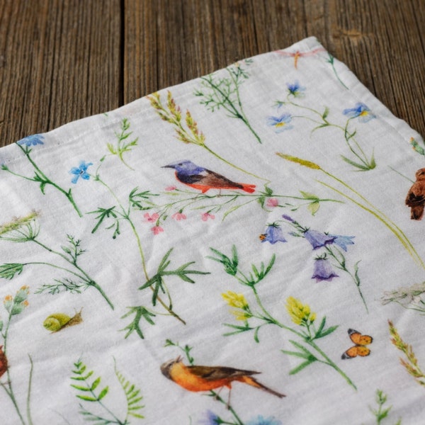 Muslin towel - Meadow with birds, doublegauze, 100% cotton, kitchenware