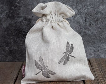 Linen bag - Dragonfly, forest inspired, rustic home decor, reusable cloth bag, linen pouch