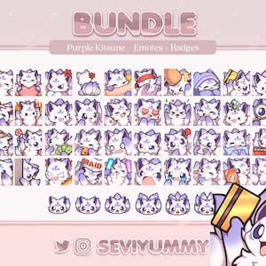 Purple Kitsune Bundle Pack - 40 Emotes & 6 Sub Badges (Twitch/Discord)