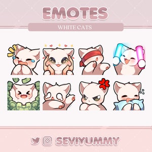 Puede incluir: Un conjunto de ocho emoticonos de gatos blancos con diferentes expresiones, incluyendo reír, sonrojarse, llevar una venda en los ojos, sostener una almohada, y más. Los emoticonos están sobre un fondo rosa con el texto "EMOTES WHITE CATS" en la parte superior y "SEVIYUMMY" en la parte inferior.