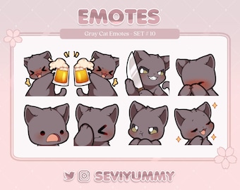 Conjunto n.° 10 de emoticones de gato gris (Twitch/Discord): Kawaii, gatito, neko
