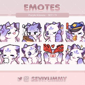 Peut inclure: Une impression d'art numérique présentant huit emotes d'un renard de dessin animé violet et blanc. Les emotes affichent diverses expressions et actions, notamment un pouce levé, un chapeau de policier et des cœurs. Le texte "EMOTES" et "Purple Kitsune - SET #9" sont en haut.
