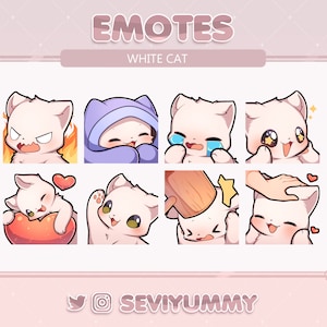 Cute white cat Emotes (Twitch/Discord) - Kawaii - Kitty - Neko