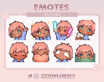 Twitch / Discord Emotes - Chibi Boy - Cabello Rosa - Piel Oscura - Ojos Verdes