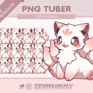 Puede incluir: Ilustración digital de un personaje Kitsune rosa con 12 expresiones diferentes. El Kitsune tiene pelaje blanco, detalles rosas y ojos grandes. El texto "PNG TUBER" y "Pink Kitsune" se muestran en la parte superior.