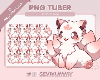 Pink Kitsune PNGTuber Pack | Cute PNGTuber Model for Twitch YouTube Streaming | VTuber PNG Avatar Asset with 12 Expressions