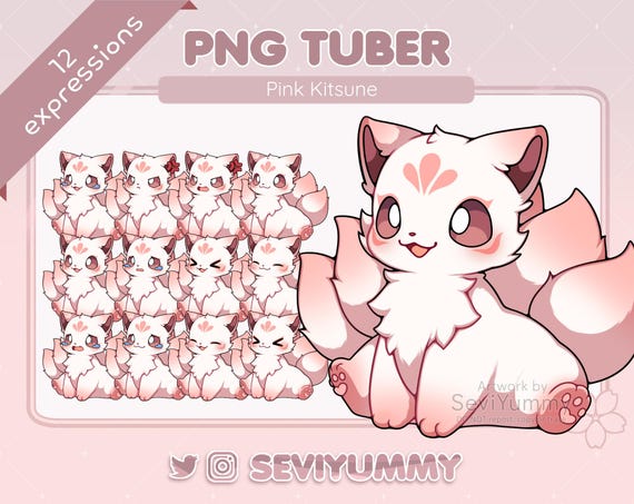 Pink Kitsune PNGTuber Pack | Cute PNGTuber Model for Twitch YouTube Streaming | VTuber PNG Avatar Asset with 12 Expressions