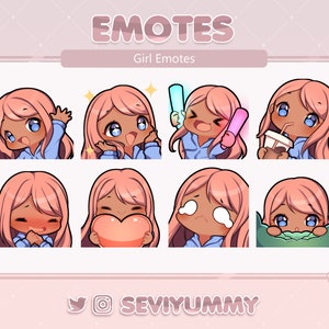 Émoticônes Twitch / Discord - Fille chibi - Cheveux roses - Peau foncée - Yeux bleus