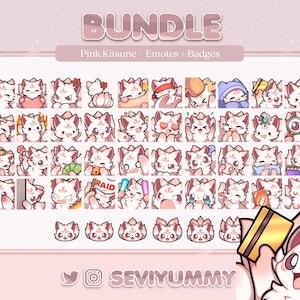 Pacchetto bundle Kitsune rosa - 40 emote e 6 badge sub (Twitch/Discord)