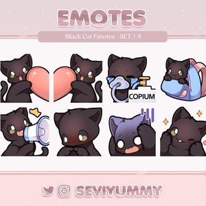 Puede incluir: Un conjunto de nueve emoticonos de gato negro que muestran diferentes expresiones, incluyendo un gato sosteniendo un corazón, un gato llorando con un chupete, un gato con una mochila, un gato sosteniendo un megáfono, un gato cubriéndose la cara y un gato lamiendo sus labios. Los emoticonos están diseñados en un estilo de dibujos animados y son perfectos para usar en redes sociales o en chats en línea.