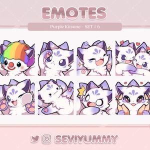 Peut inclure: Un ensemble de neuf émojis de renard de dessin animé violet et blanc. Les émojis présentent une variété d'expressions, notamment le bonheur, la surprise et la timidité. Les émojis sont parfaits pour ajouter de la personnalité à vos discussions en ligne.