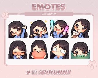 Set #1 Twitch / Discord Emotes - Chibi Girl - Black Hair - Light Skin - Brown Eyes