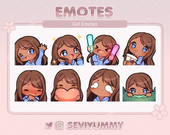 Twitch / Discord Emotes - Chibi Girl - Brown Hair - Dark Skin - Blue Eyes