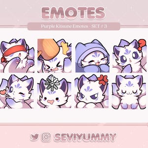 Op de afbeelding: Een set van negen paarse kitsune-emoticons met verschillende uitdrukkingen, waaronder een slapende kitsune, een kitsune met een vraagteken en een kitsune met een bloem op zijn hoofd. De emoticons zijn ontworpen in een schattige en cartoonachtige stijl.