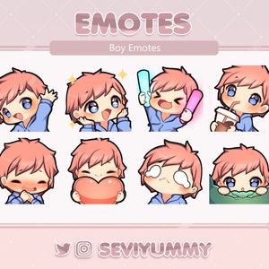Twitch / Discord Emotes - Chibi Boy - Pink Hair - Light Skin - Blue Eyes