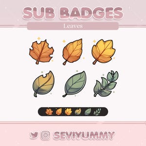Puede incluir: Conjunto de seis ilustraciones digitales de hojas de otoño en varios tonos de amarillo, naranja y verde. Las hojas están delineadas en negro y tienen un estilo de dibujos animados. El texto "SUB BADGES" y "Leaves" está en la parte superior de la imagen.