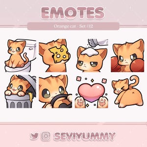 Op de afbeelding: Een set van acht oranje katten-emotes met verschillende uitdrukkingen en acties. De emotes tonen een kat op een toilet, met kaas op zijn gezicht, onder de douche, met bokshandschoenen, in een vuilnisbak, aan het rijden, met een hart en met zijn staart omhoog.