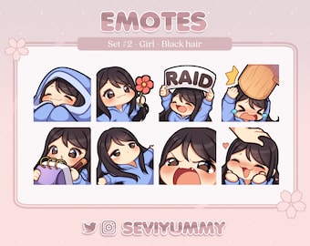 Set #2 Twitch / Discord Emotes - Chibi Girl - Black Hair