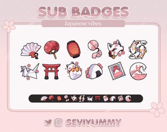 Twitch Sub Badges Set of 12 - Japanese Theme Digital Download - Anime Style Badges for Stream