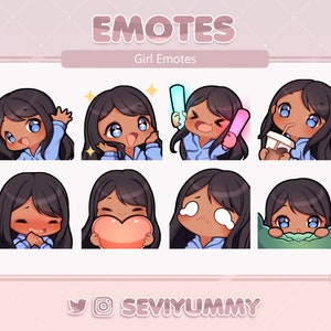 Émoticônes Twitch / Discord - Fille chibi - Cheveux noirs - Peau foncée - Yeux bleus
