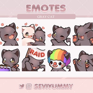 May include: A set of eight grey cat emoticons with different expressions. The emoticons include a cat holding a sign that says "RAID", a cat with a clown hat, a cat holding a pencil and a notebook, a cat with a heart, a cat with its tongue sticking out, a cat with its paws up, a cat hugging a white cat, and a cat with its mouth open.