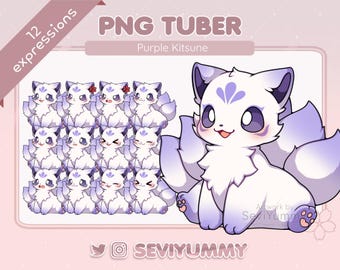 Purple Kitsune PNGTuber Pack | Cute PNGTuber Model for Twitch YouTube Streaming | VTuber PNG Avatar Asset with 12 Expressions