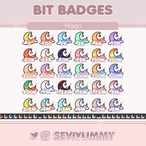 May include: A set of 20 colorful crescent moon badges with stars, each featuring a different number of bits, ranging from 1 to 5 million. The badges are arranged in rows of six, with the text "BIT BADGES" and "Moon" at the top and "SEVIYUMMY" at the bottom.