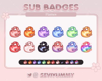 May include: A collection of twelve flame-shaped sub badges in various colors, including pink, orange, purple, blue, and green. The text "SUB BADGES" and "Flames" are displayed at the top. The artist's social media handle is at the bottom.