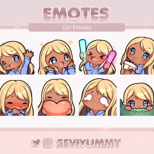 Set #1 Twitch / Discord Emotes - Chibi Girl - Blond - Dunkle Haut - Blaue Augen