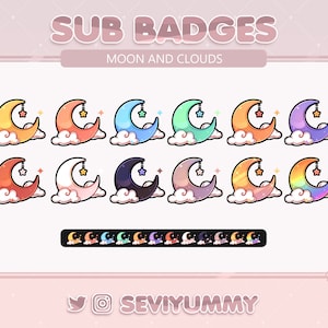 12 Kawaii Moon Cloud Twitch Sub Badges (Digital Download)