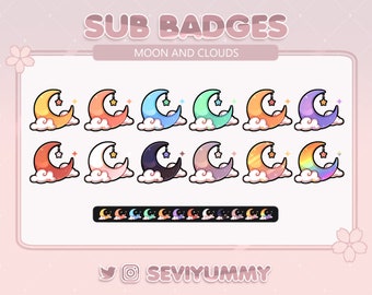 12 Twitch Sub Badges | Moon | Kawaii | Pretty | Cloud | Cute | Stream