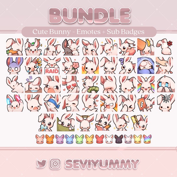 Cute Bunny Bundle Pack - 42 Emotes & 12 Sub Badges (Twitch/Discord)
