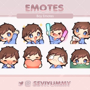 Twitch / Discord Emotes - Chibi Boy - Brown Hair - Light Skin - Blue Eyes