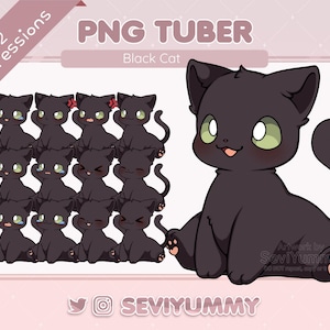 Peut inclure: Illustration numérique d'un chat noir aux yeux verts, avec diverses expressions. L'image comprend le texte "PNG TUBER" et "Black Cat", ainsi que le nom de l'artiste, "SeviYummy."