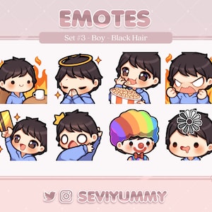 May include: Set of eight animated emojis featuring a cartoon boy with black hair. The boy is shown in different expressions and situations, including being on fire, praying, eating popcorn, being angry, holding a credit card, being surprised, wearing a clown hat, and with a loading symbol on his head.