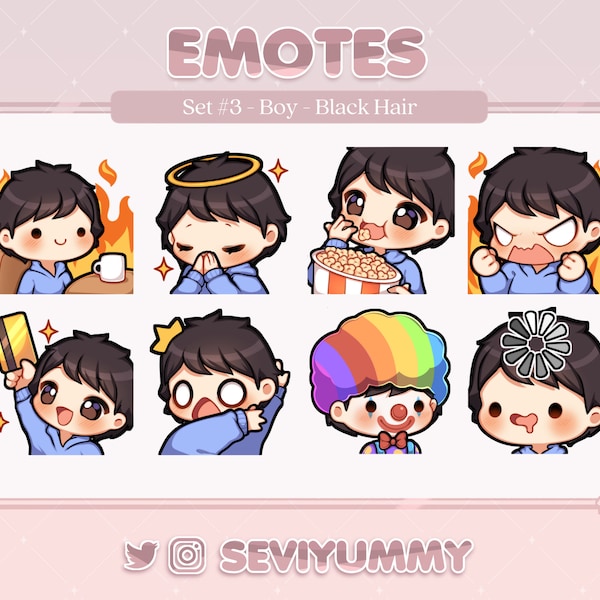 Set #3 Twitch / Discord Emotes - Chibi Boy - Black Hair