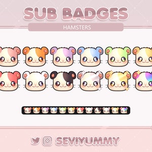 May include: A set of 12 hamster-themed Twitch sub badges. The badges feature a cute hamster with different colored fur and accessories. The badges are arranged in a grid and are labeled "SUB BADGES" and "HAMSTERS".