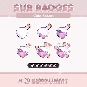 Puede incluir: Seis insignias digitales que muestran lindas botellas de poción morada con diferentes niveles de detalle. Las insignias están etiquetadas como "Sub Badges" y "Cute Potions".