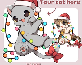 YCH Christmas Cat Commission – Custom Chibi Cat Drawing – Personalized Pet Portrait Digital Art