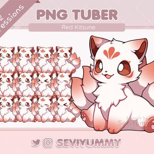 Puede incluir: Ilustración digital de un personaje de zorro Kitsune rojo y blanco con 12 expresiones diferentes. La imagen incluye el texto "PNG TUBER" y "Red Kitsune". También es visible el nombre del artista, "SeviYummy".