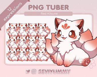 Red Kitsune PNGTuber Pack | 12 Cute VTuber Expressions