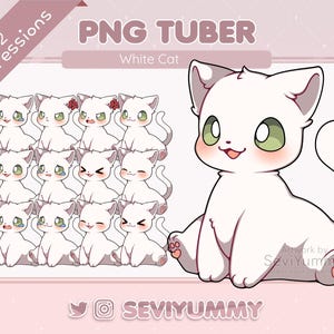 May include: A digital illustration of a white cat with green eyes and various expressions. The image includes the text "PNG Tuber White Cat" and "12 expressions". The cat has a pink nose and blush.