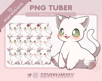 White Cat PNGTuber Model | Cute VTuber Avatar with 12 Expressions
