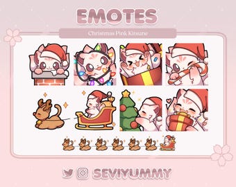 Christmas Pink Kitsune Emotes (Twitch/Discord) - Kawaii - Fox - Xmas