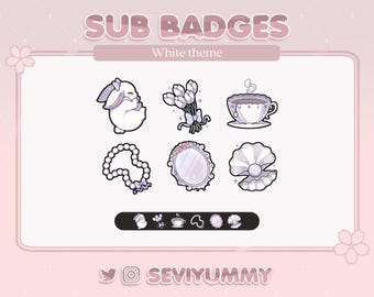 6 Twitch Sub Badges | White | Cute | Pretty | Kawaii | Aesthetic | Stream