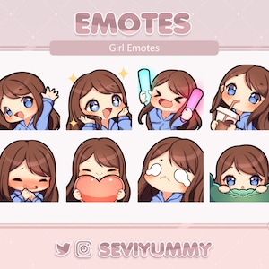 Émoticônes Twitch / Discord - Fille chibi - Cheveux bruns - Peau claire - Yeux bleus