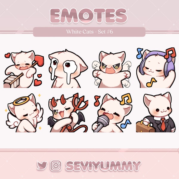 White Cat Emotes Set #6  (Twitch/Discord) - Kawaii - Kitty - Neko