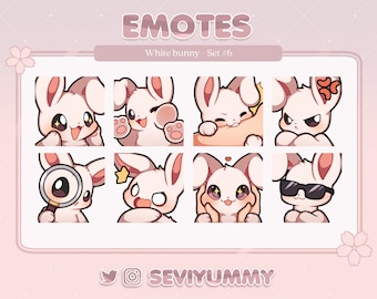 May include: Set of eight white bunny emoticons with different expressions. The bunny emoticons are in a grid format with a pink background. The emoticons include a bunny with a magnifying glass, a bunny with sunglasses, a bunny with a heart, a bunny with a star, a bunny with a tongue sticking out, a bunny with a grumpy expression, a bunny with a surprised expression, and a bunny with a happy expression.