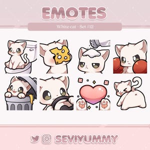Peut inclure: Ensemble de huit émoticônes de chats blancs, chacun exprimant une émotion ou une action différente. On peut voir un chat sur des toilettes, avec du fromage sur le visage, et avec des gants de boxe. Le mot "EMOTES" est en haut.