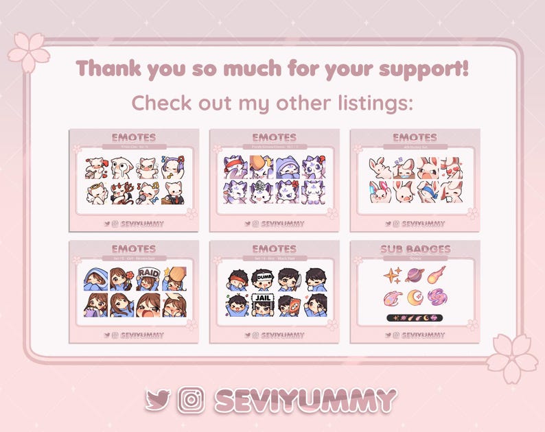 Op de afbeelding: Een verzameling Twitch-emotes en sub-badges met verschillende karakters en ontwerpen. De emotes omvatten een kat, een konijn en een groep mensen. De sub-badges omvatten een ster, een planeet en een wassende maan.